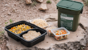 food in containers on a rock